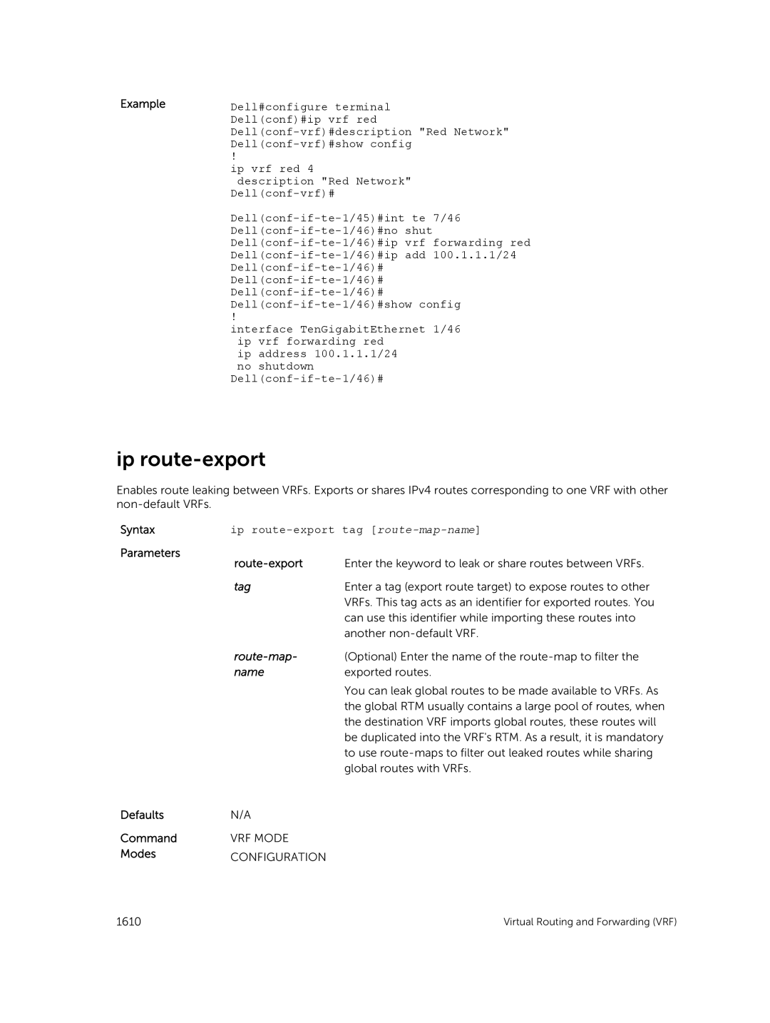 Dell 9.7(0.0) manual Ip route-export, Example, Syntax Parameters Defaults Command Modes, Route-export, Route-map 