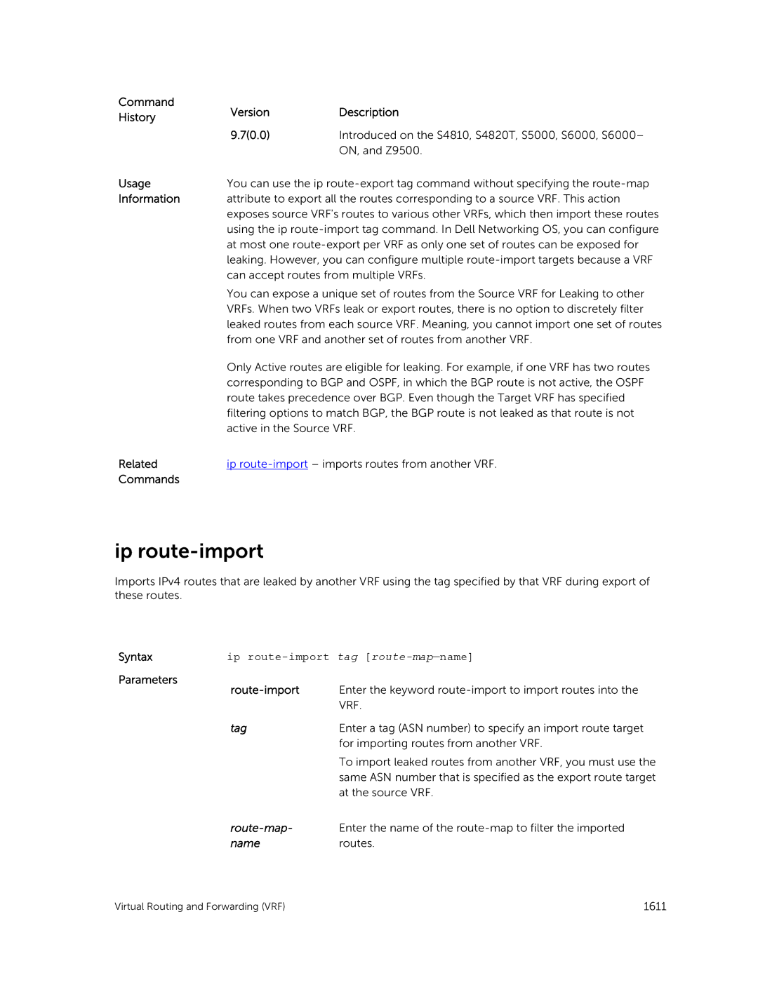 Dell 9.7(0.0) manual Ip route-import tag route-map-name, Parameters Route-import 