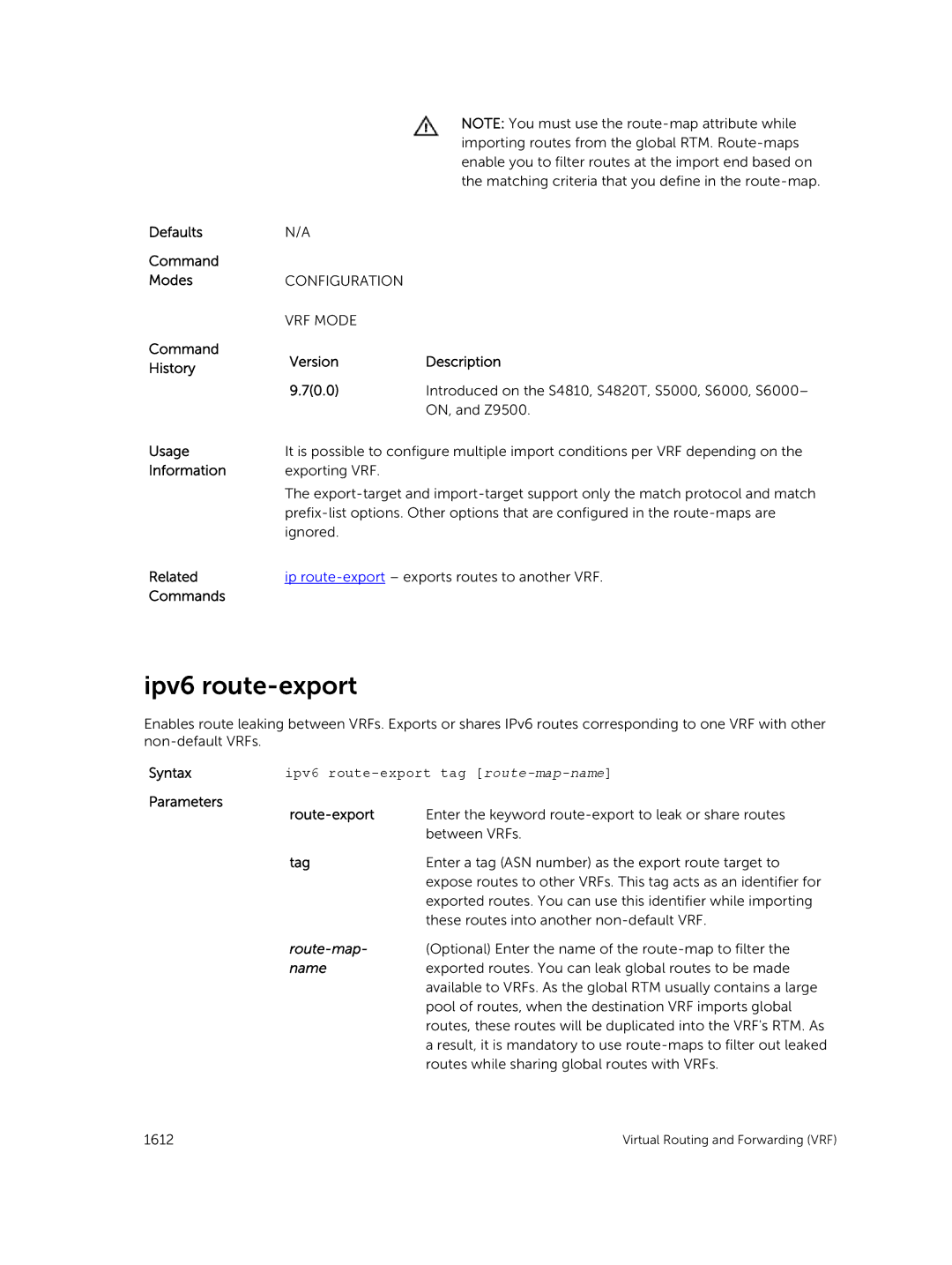 Dell 9.7(0.0) manual Ipv6 route-export tag route-map-name, Parameters Route-export 