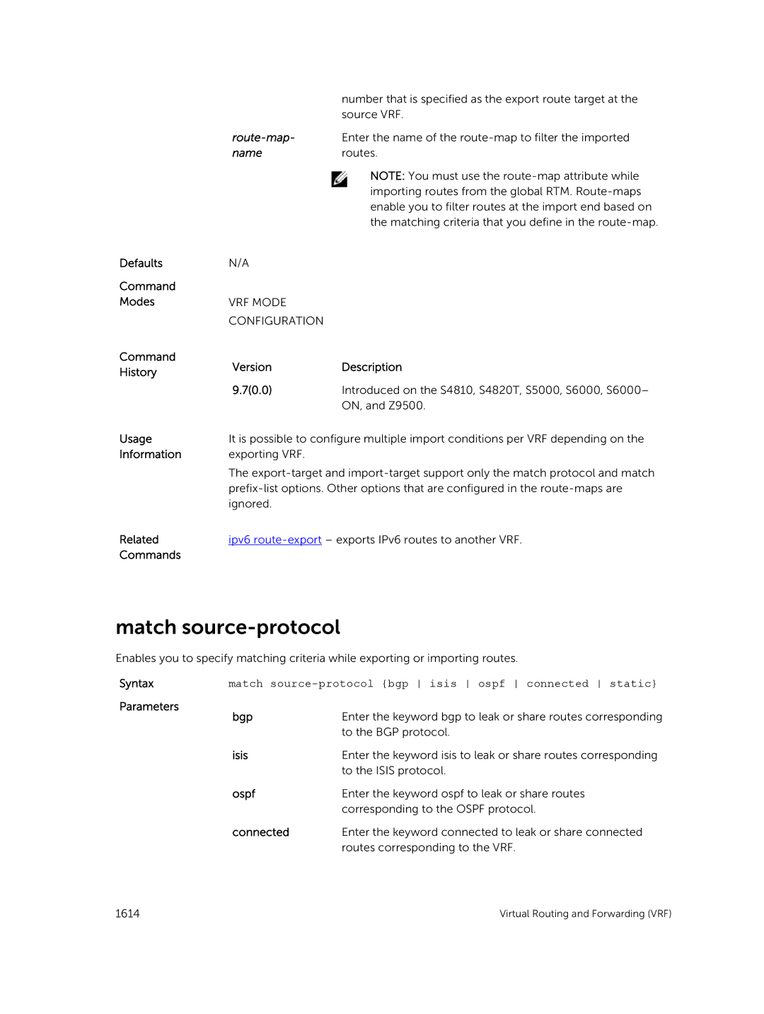 Dell 9.7(0.0) manual Match source-protocol, Syntaxmatch source-protocol bgp isis ospf connected static 