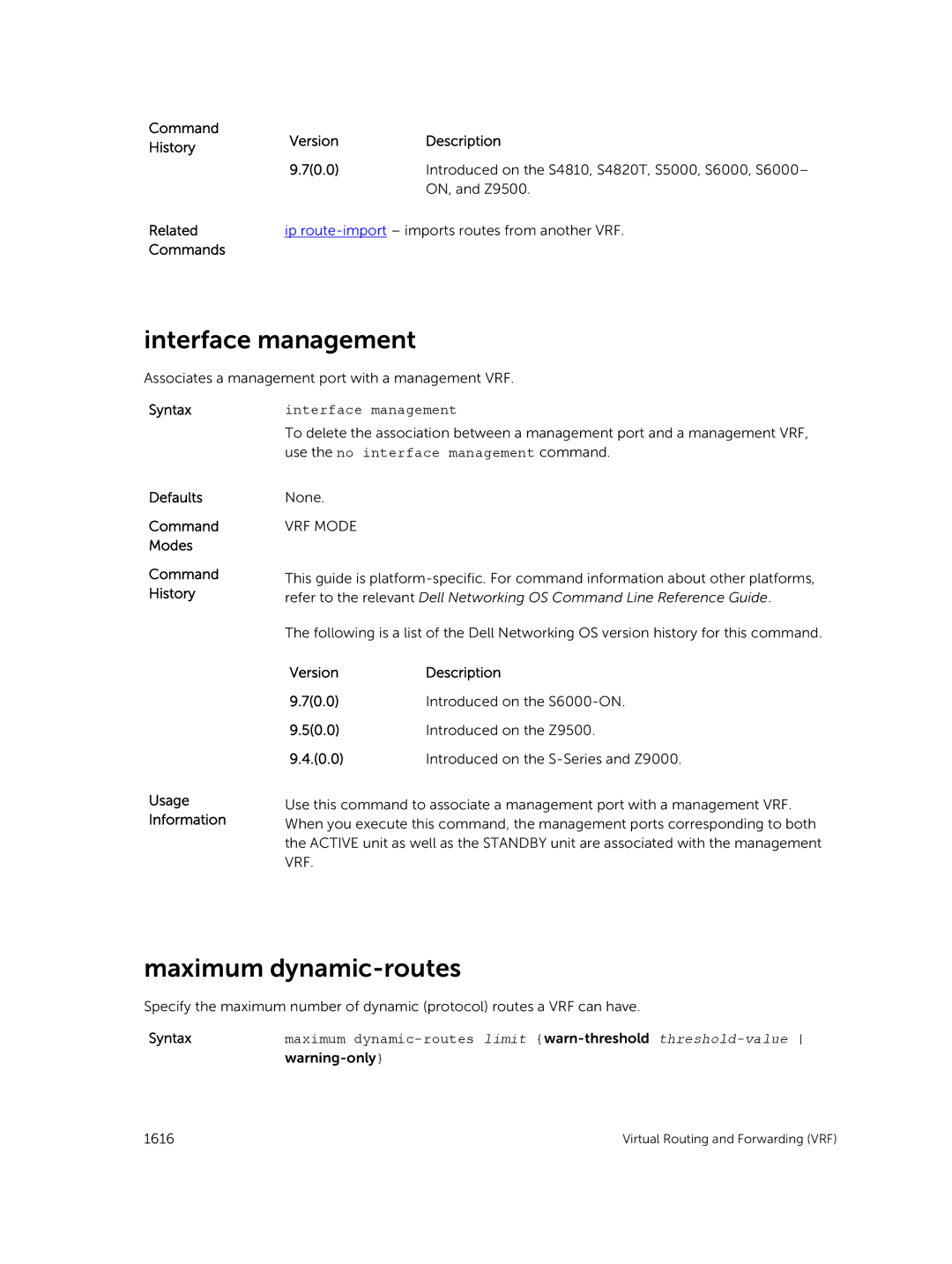 Dell 9.7(0.0) Interface management, Maximum dynamic-routes, Command History Related Commands Version Description 70.0 