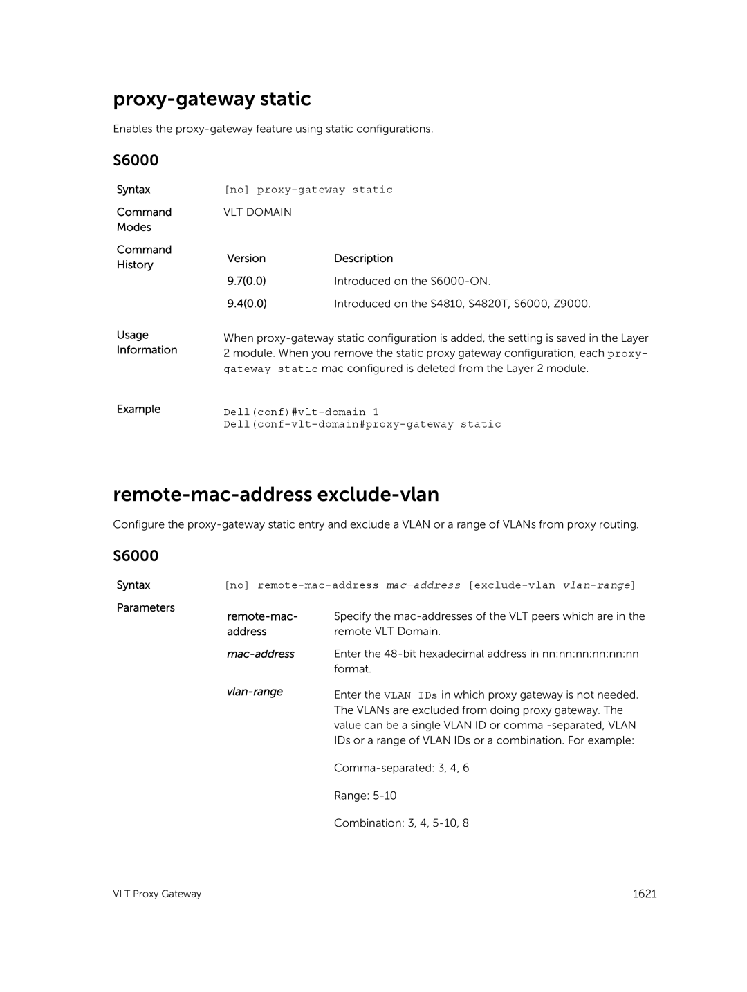 Dell 9.7(0.0) manual Proxy-gateway static, Remote-mac-address exclude-vlan 