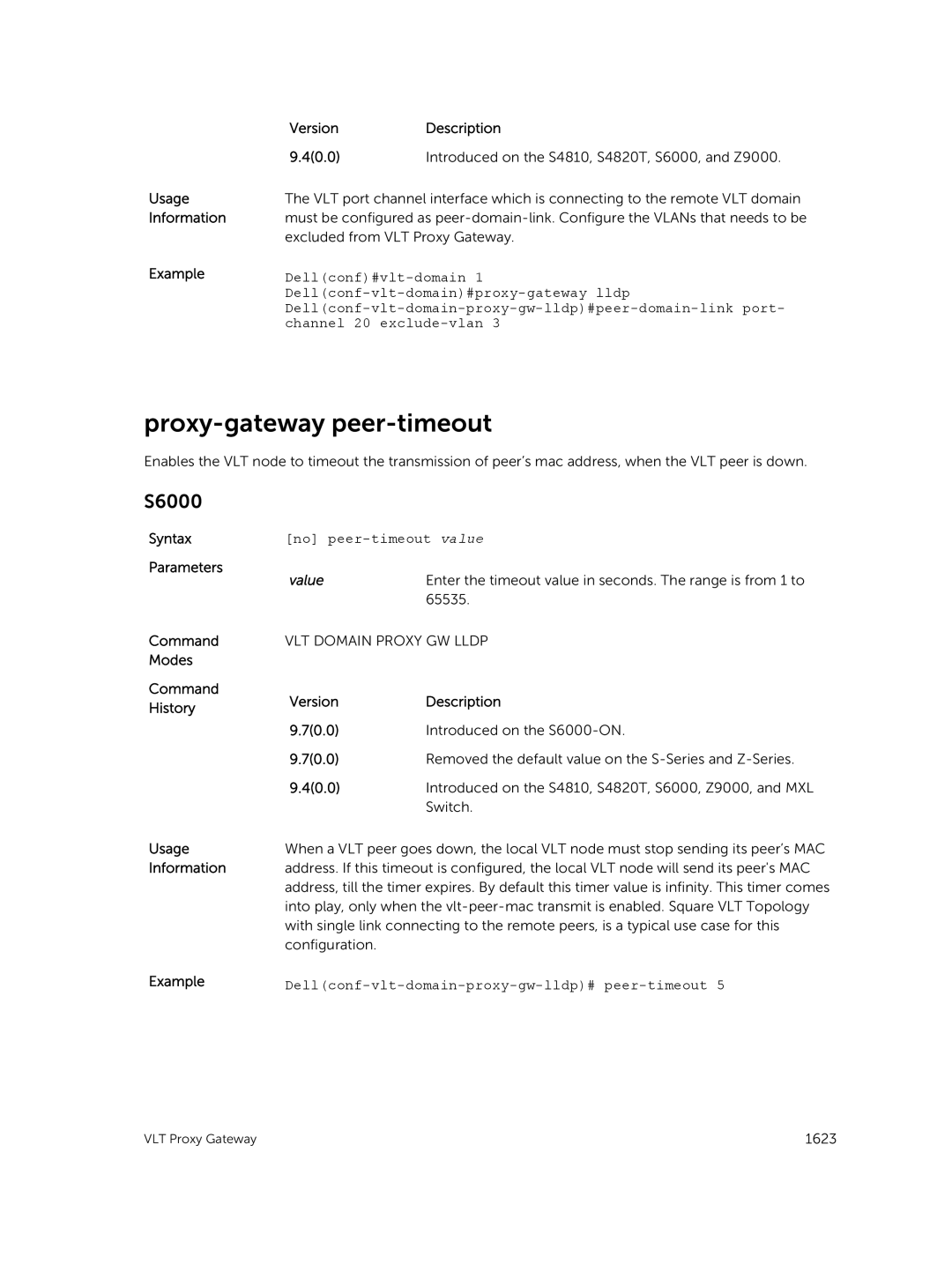 Dell 9.7(0.0) manual Proxy-gateway peer-timeout, No peer-timeout value, Dellconf-vlt-domain-proxy-gw-lldp# peer-timeout 