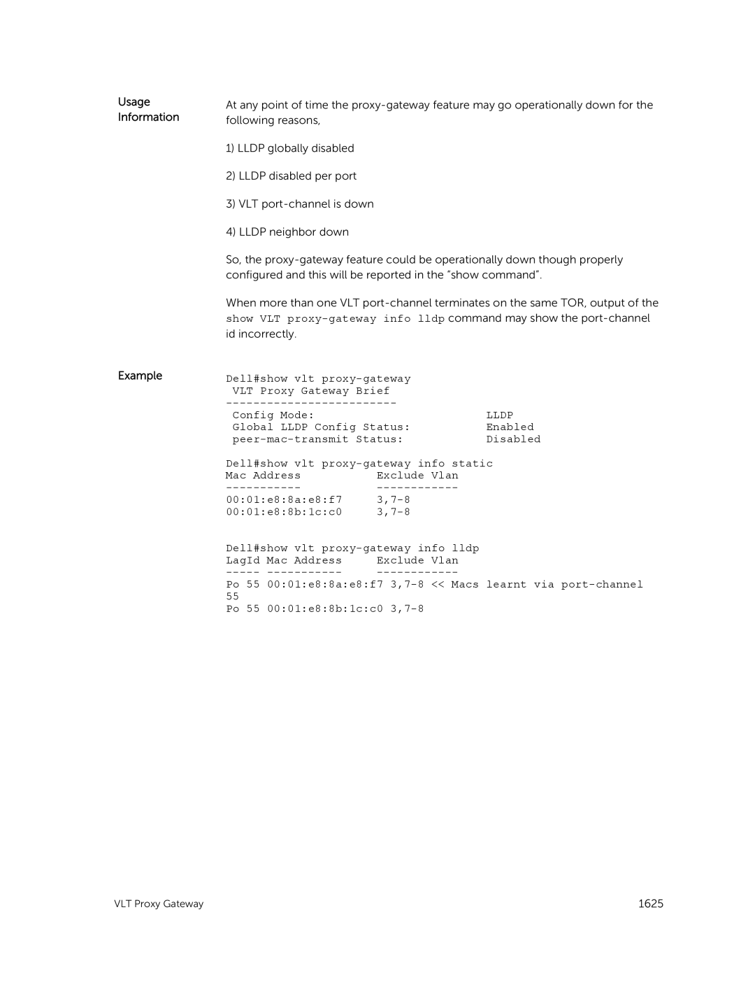 Dell 9.7(0.0) manual Usage Information Example, Dell#show vlt proxy-gateway VLT Proxy Gateway Brief 