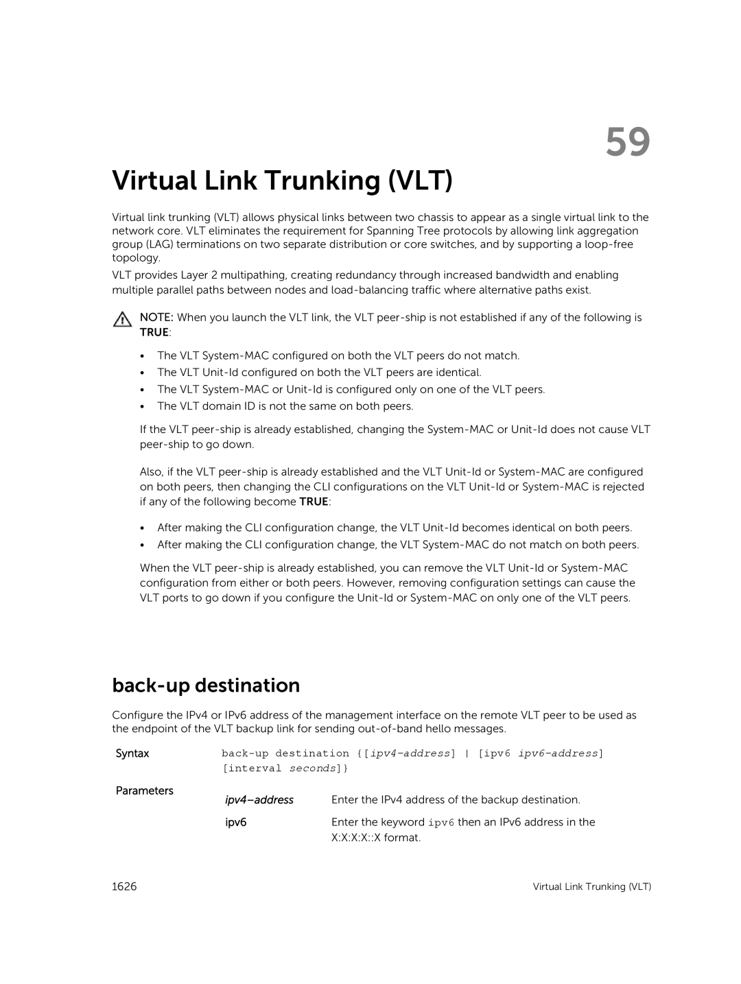 Dell 9.7(0.0) manual Virtual Link Trunking VLT, Back-up destination ipv4-address ipv6 ipv6-address, Interval seconds 