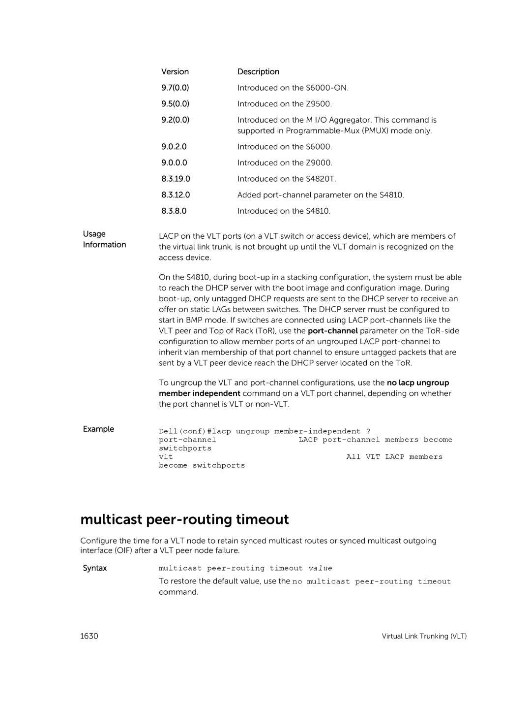 Dell 9.7(0.0) manual Multicast peer-routing timeout, Usage Information Example Version Description 70.0 