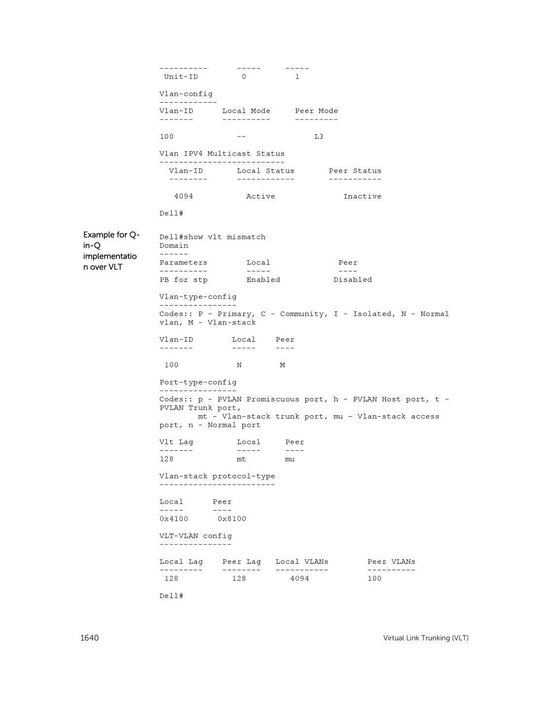 Dell 9.7(0.0) manual Example for Q- in-Q implementatio n over VLT, 128 4094 100 Dell# 