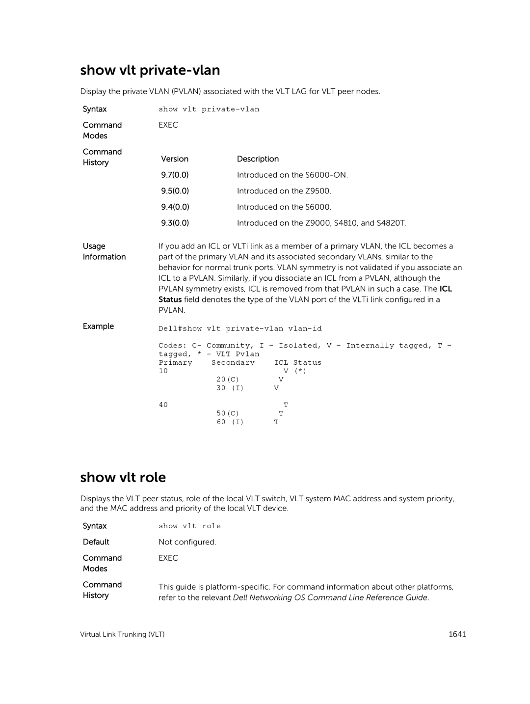 Dell 9.7(0.0) manual Show vlt private-vlan, Show vlt role 