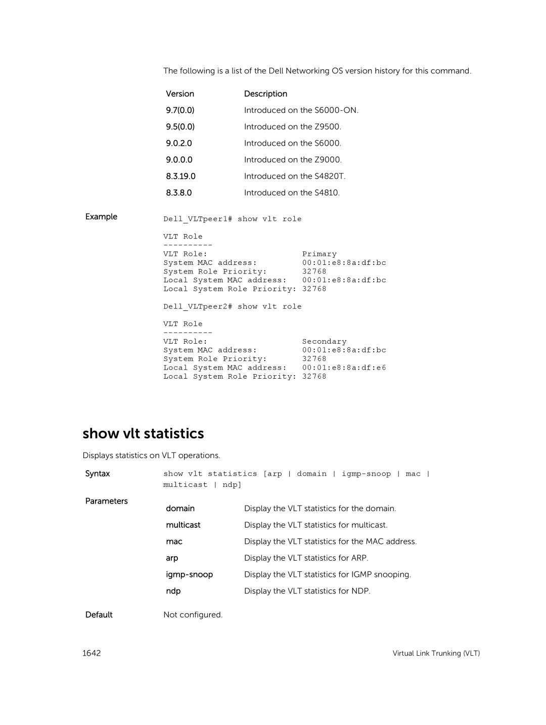 Dell 9.7(0.0) manual Show vlt statistics arp domain igmp-snoop mac 