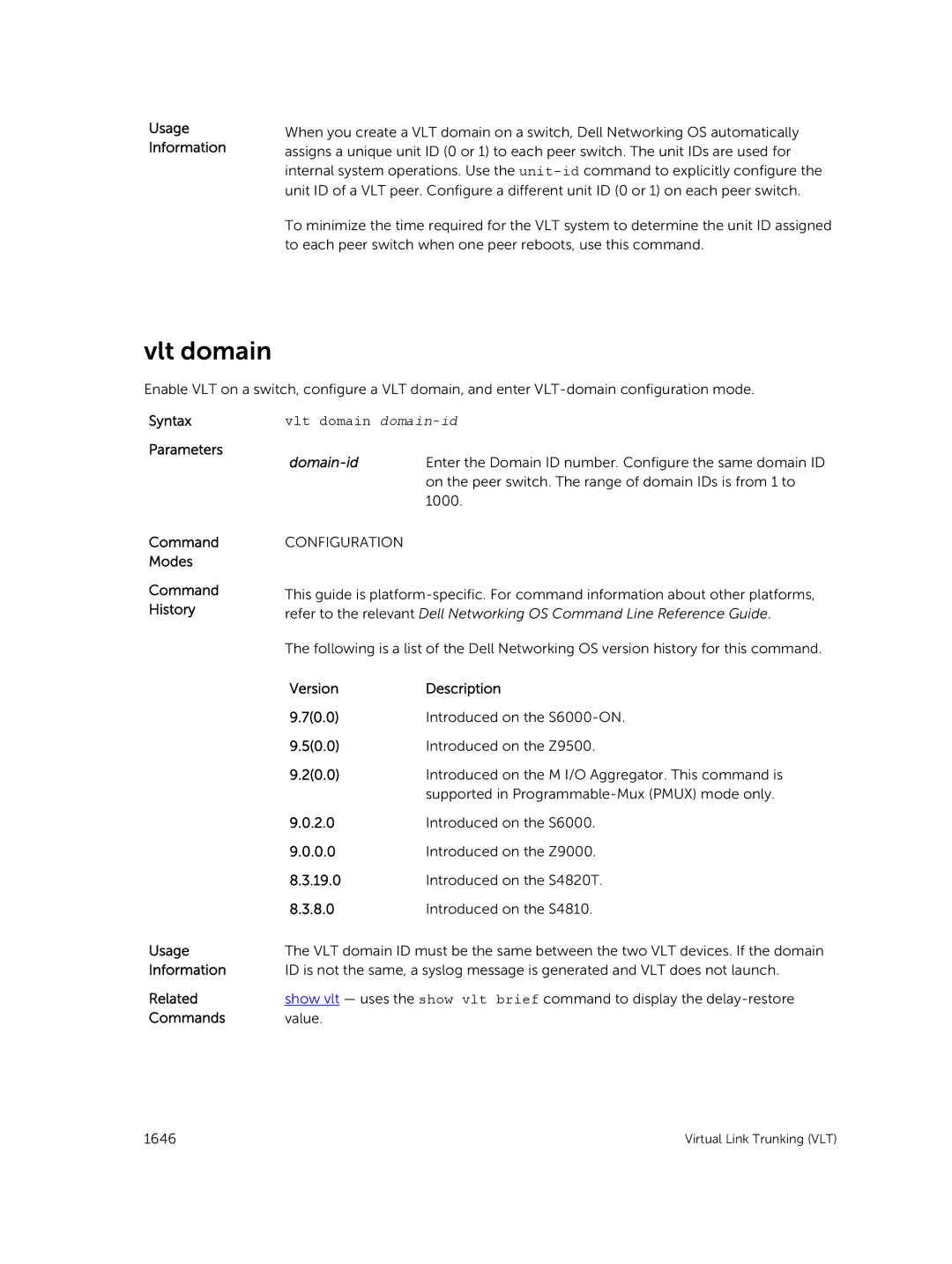 Dell 9.7(0.0) manual Vlt domain domain-id, Domain-id 