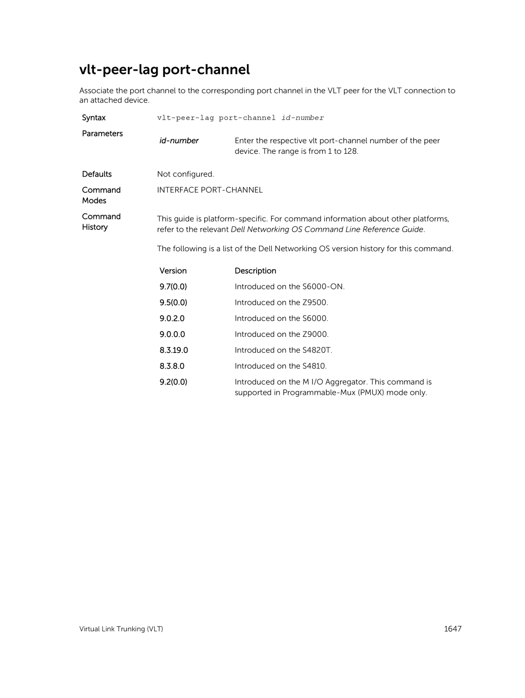 Dell 9.7(0.0) manual Vlt-peer-lag port-channel id-number, Id-number 