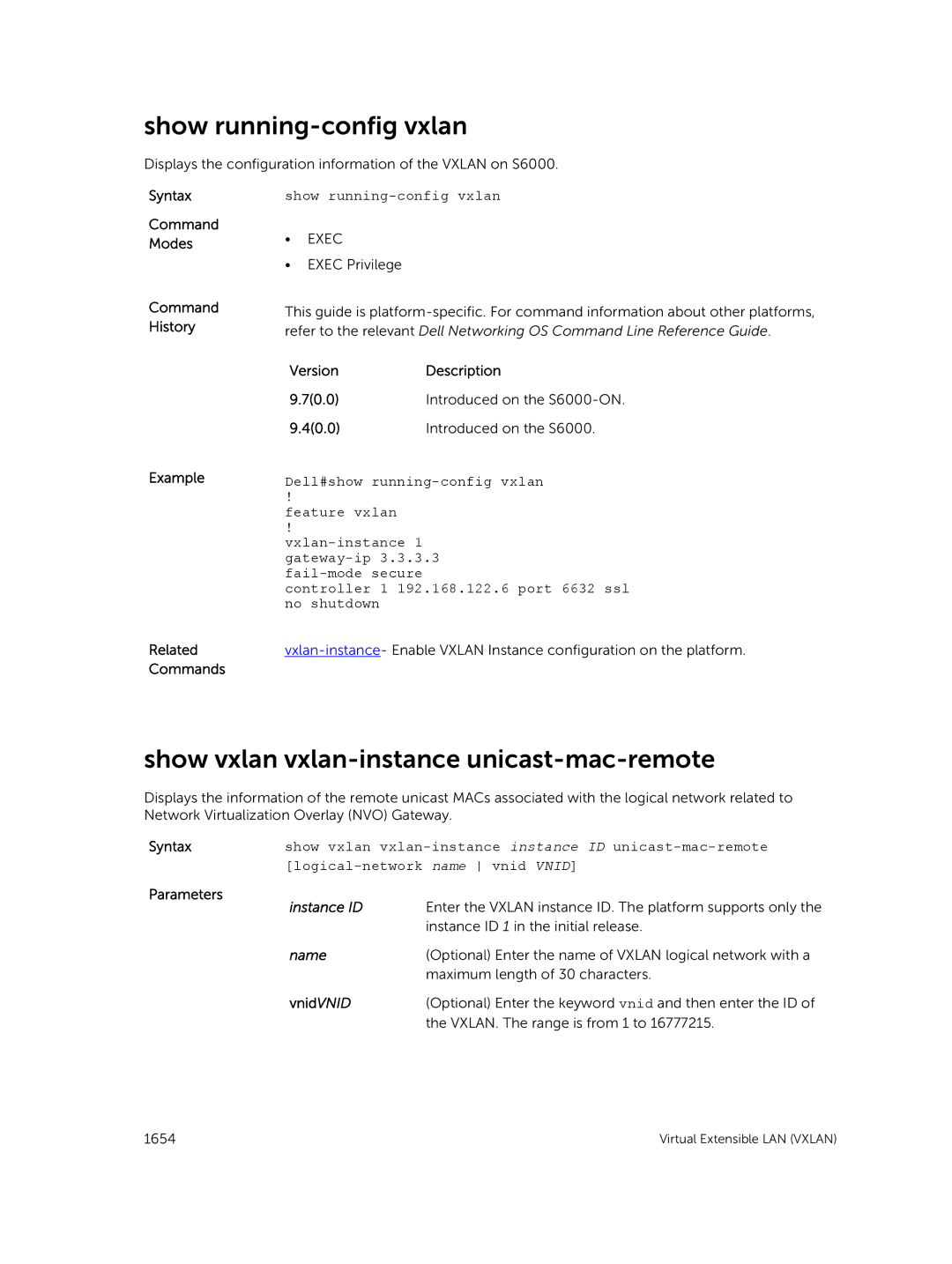 Dell 9.7(0.0) manual Show running-config vxlan, Show vxlan vxlan-instance unicast-mac-remote, Vnid Vnid 