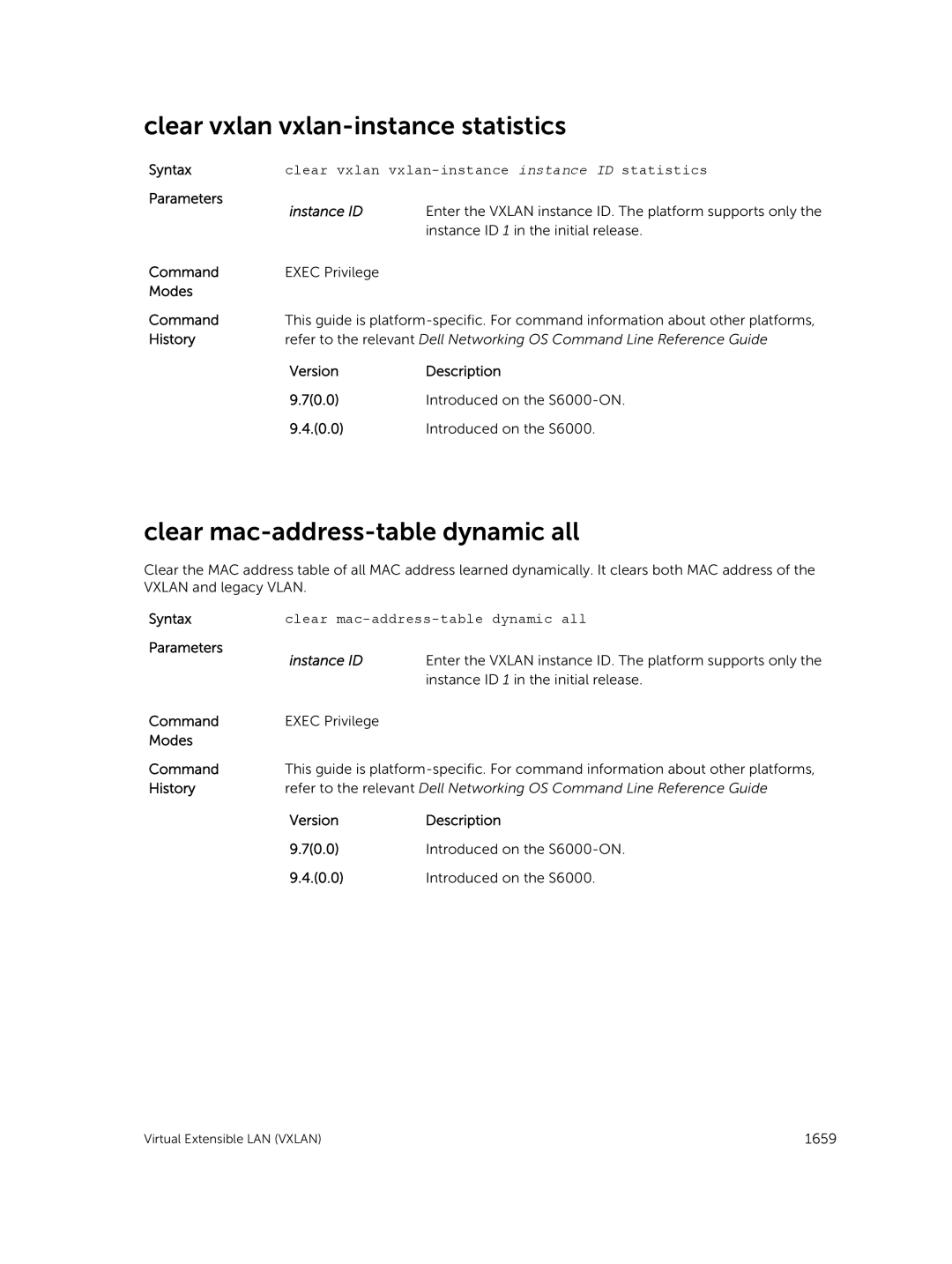 Dell 9.7(0.0) manual Clear vxlan vxlan-instance statistics, Clear mac-address-table dynamic all 