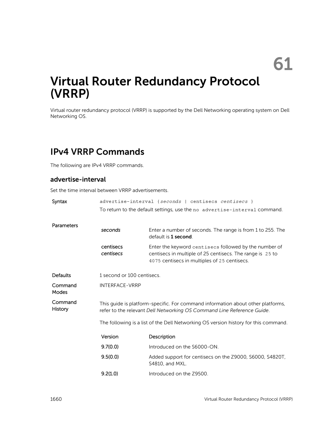 Dell 9.7(0.0) manual Virtual Router Redundancy Protocol Vrrp, IPv4 Vrrp Commands, Advertise-interval, Centisecs 