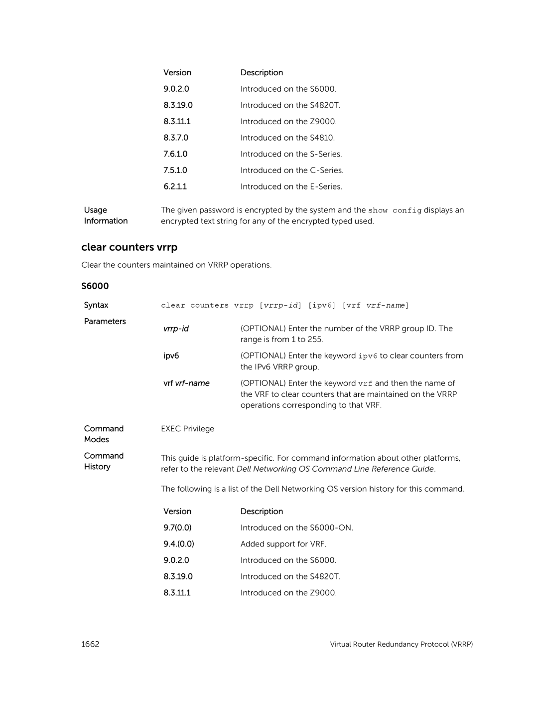 Dell 9.7(0.0) manual Clear counters vrrp vrrp-id ipv6 vrf vrf-name, Vrrp-id 