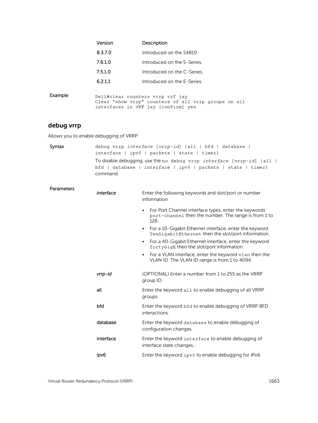 Dell 9.7(0.0) manual Debug vrrp, Bfd database interface ipv6 packets state timer 