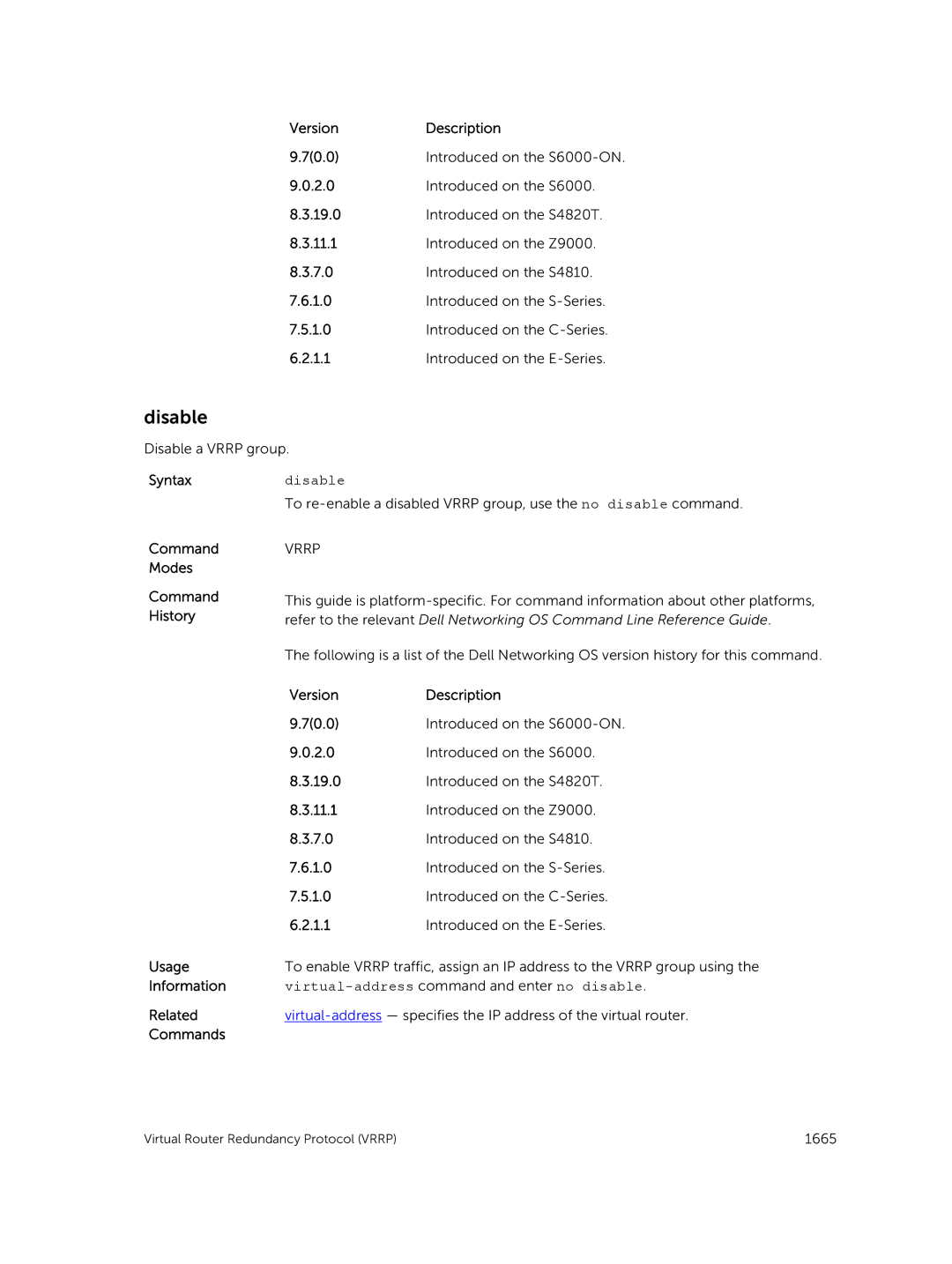 Dell 9.7(0.0) manual Disable, Virtual-address command and enter no disable 