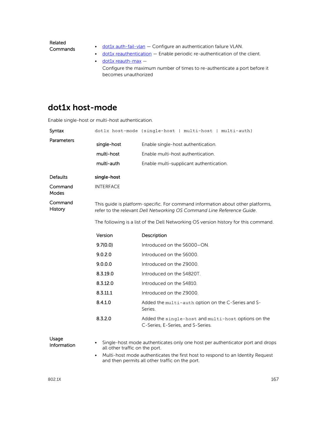 Dell 9.7(0.0) manual Dot1x host-mode single-host multi-host multi-auth, Single-host, Multi-host, Multi-auth 