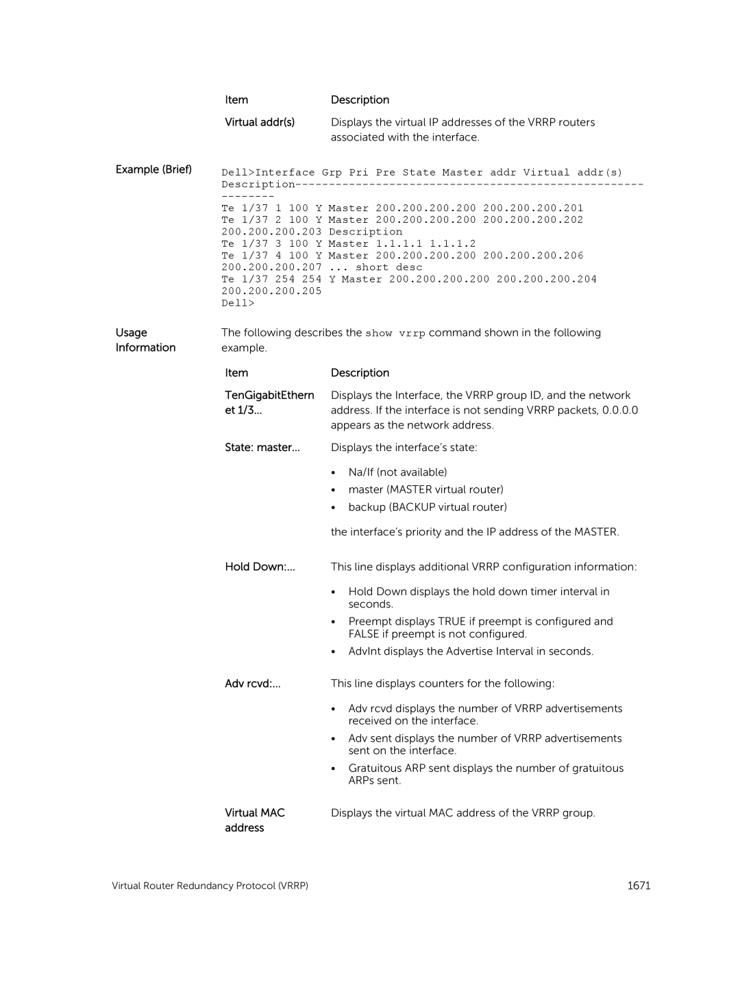 Dell 9.7(0.0) manual Example Brief Usage Information Description Virtual addrs, Hold Down, Adv rcvd, Virtual MAC 