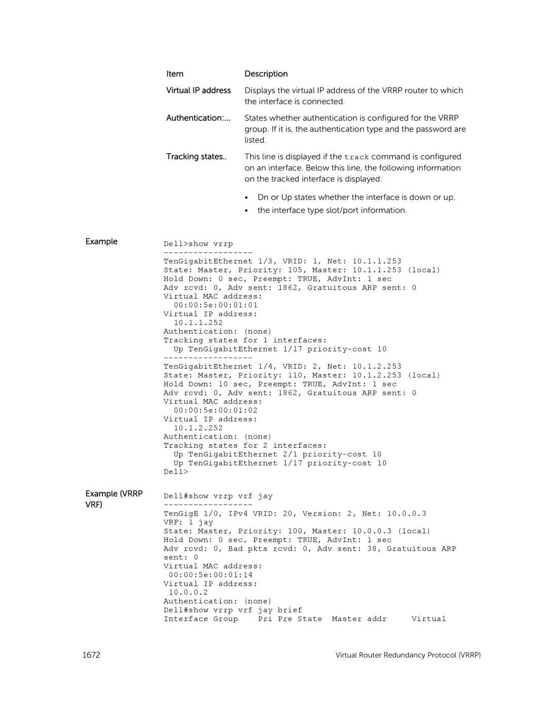 Dell 9.7(0.0) manual Example Example Vrrp VRF Description Virtual IP address, Tracking states 