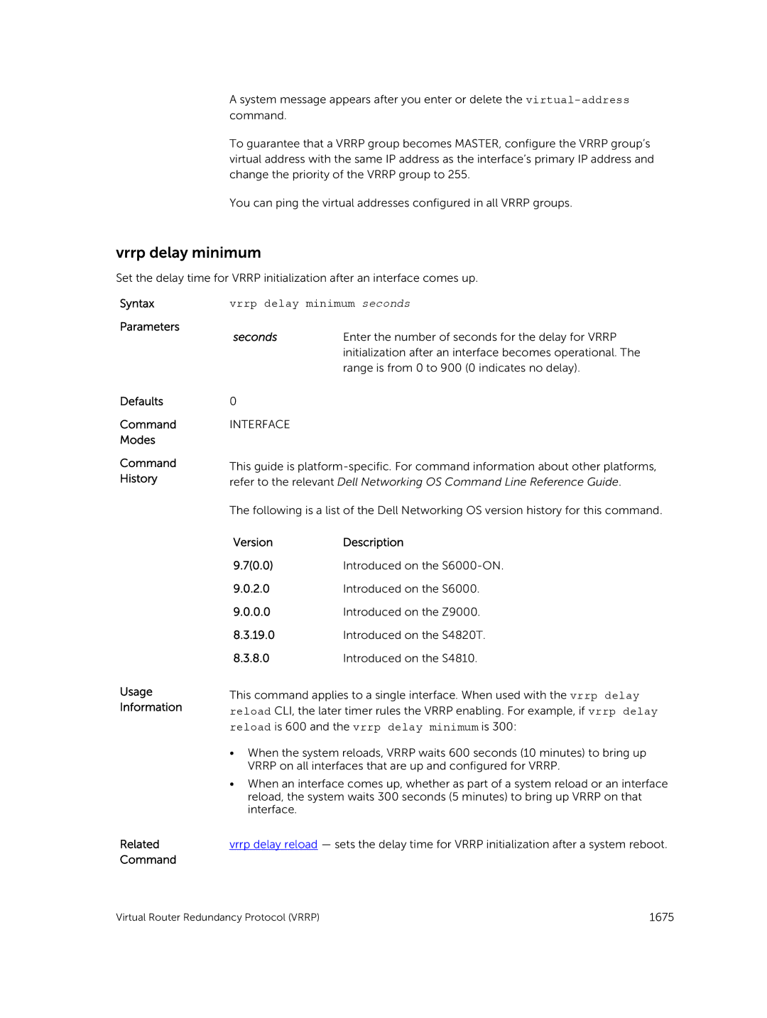 Dell 9.7(0.0) manual Vrrp delay minimum seconds, Enter the number of seconds for the delay for Vrrp 