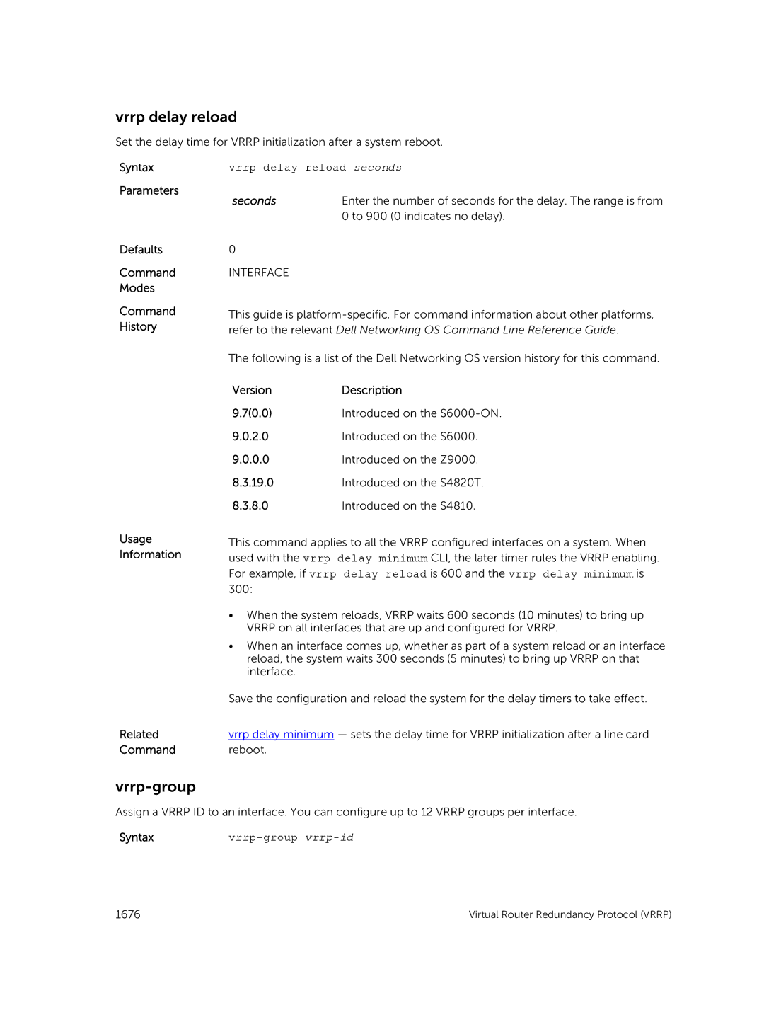 Dell 9.7(0.0) manual Vrrp delay reload seconds, Vrrp-group vrrp-id 