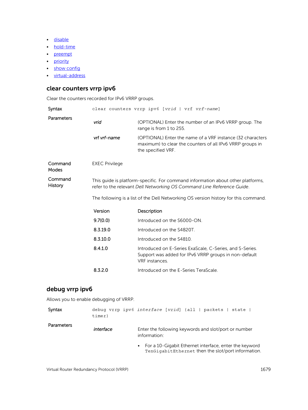 Dell 9.7(0.0) manual Clear counters vrrp ipv6, Debug vrrp ipv6, Vrid 