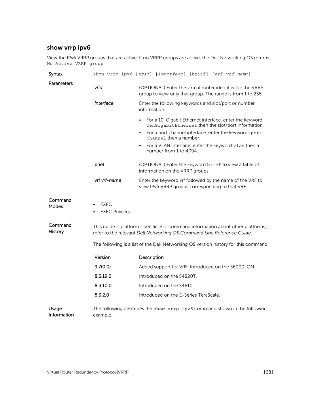 Dell 9.7(0.0) manual Show vrrp ipv6 vrid interface brief vrf vrf-name 