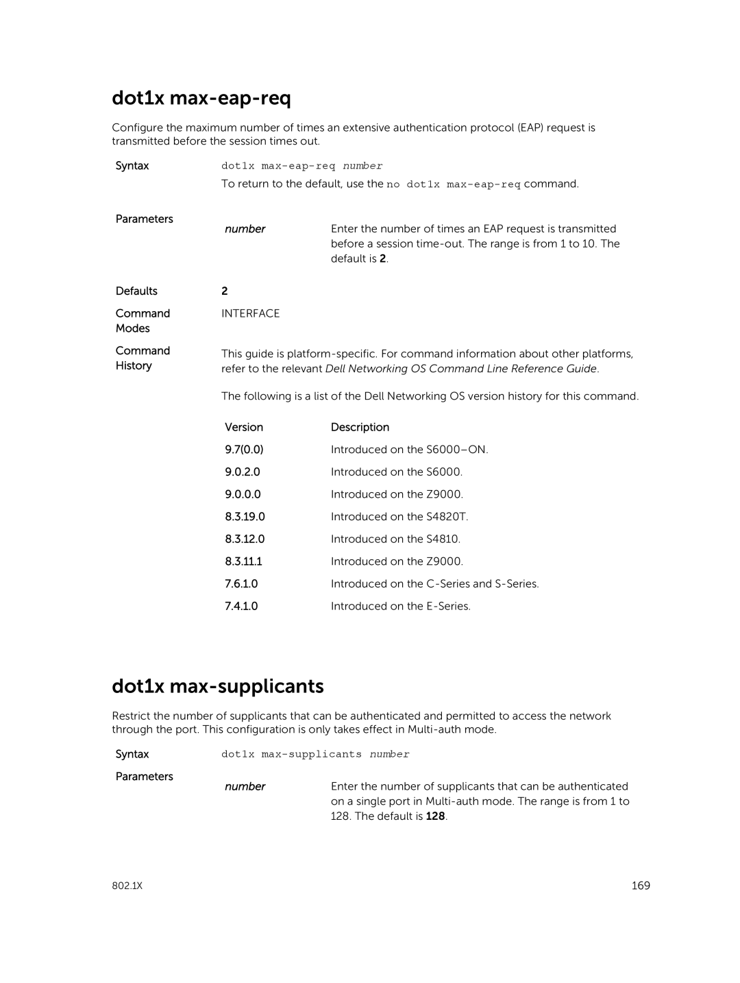 Dell 9.7(0.0) manual Dot1x max-eap-req number, Number, Dot1x max-supplicants number 