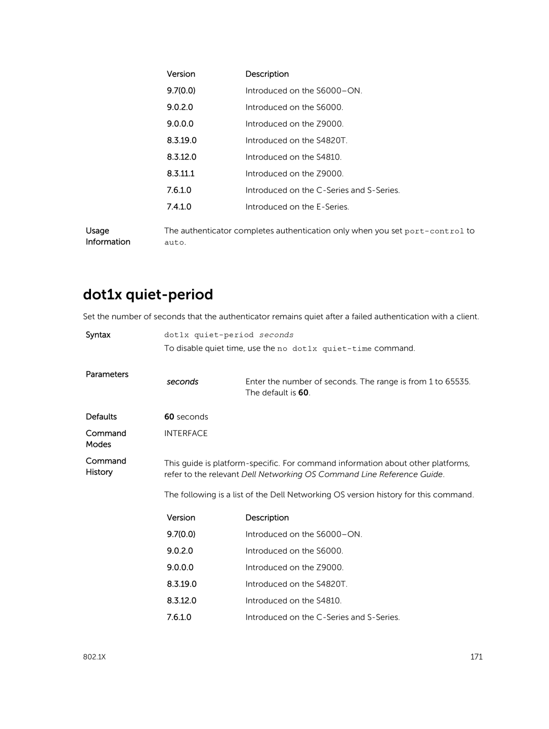 Dell 9.7(0.0) manual Auto, Dot1x quiet-period seconds 