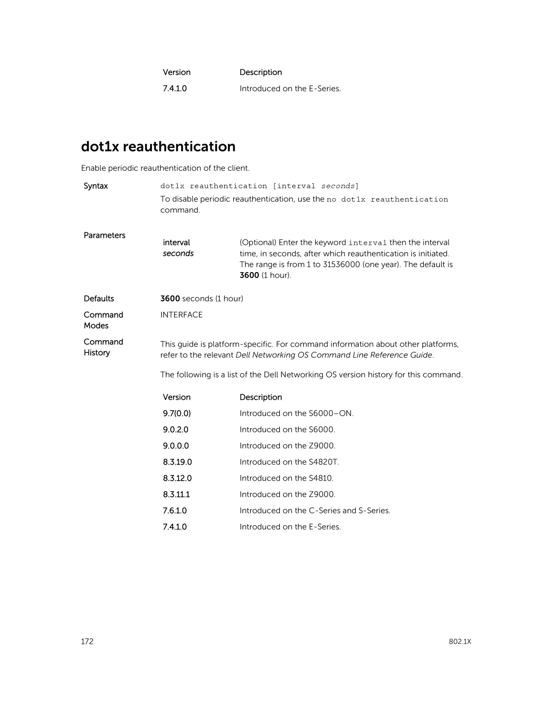 Dell 9.7(0.0) manual Dot1x reauthentication interval seconds 