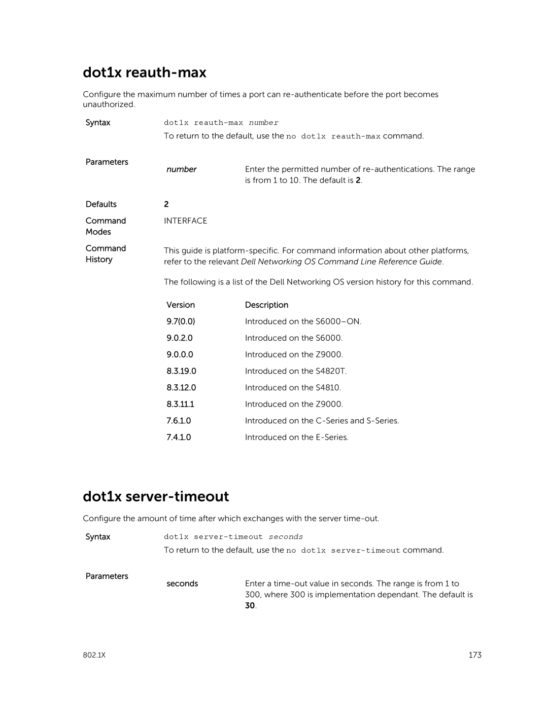 Dell 9.7(0.0) manual Dot1x reauth-max number, Dot1x server-timeout seconds, Parameters Seconds 