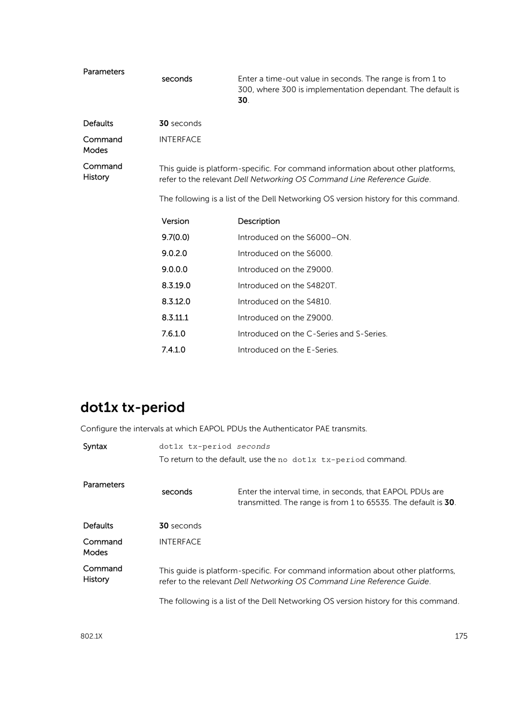 Dell 9.7(0.0) manual Parameters Defaults Command Modes Command History Seconds, Dot1x tx-period seconds 