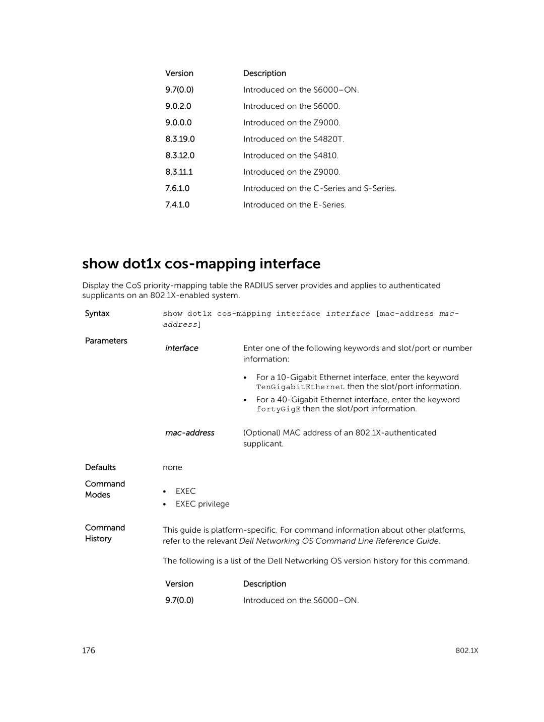 Dell 9.7(0.0) manual Show dot1x cos-mapping interface interface mac-address mac, Mac-address 