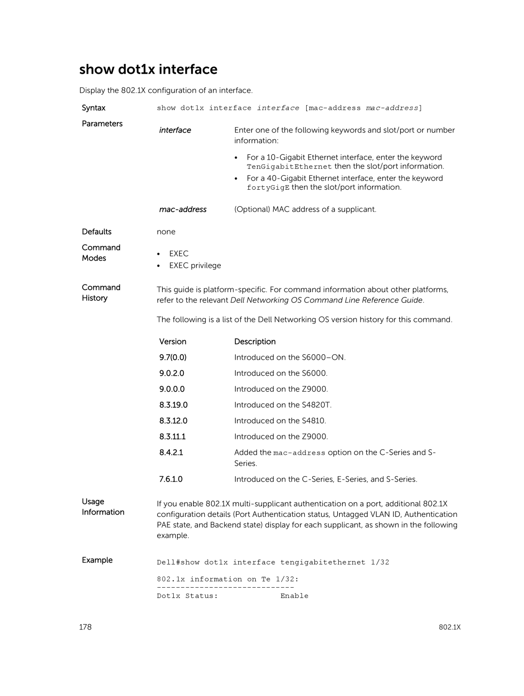 Dell 9.7(0.0) manual Show dot1x interface interface mac-address mac-address, 802.1x information on Te 1/32 