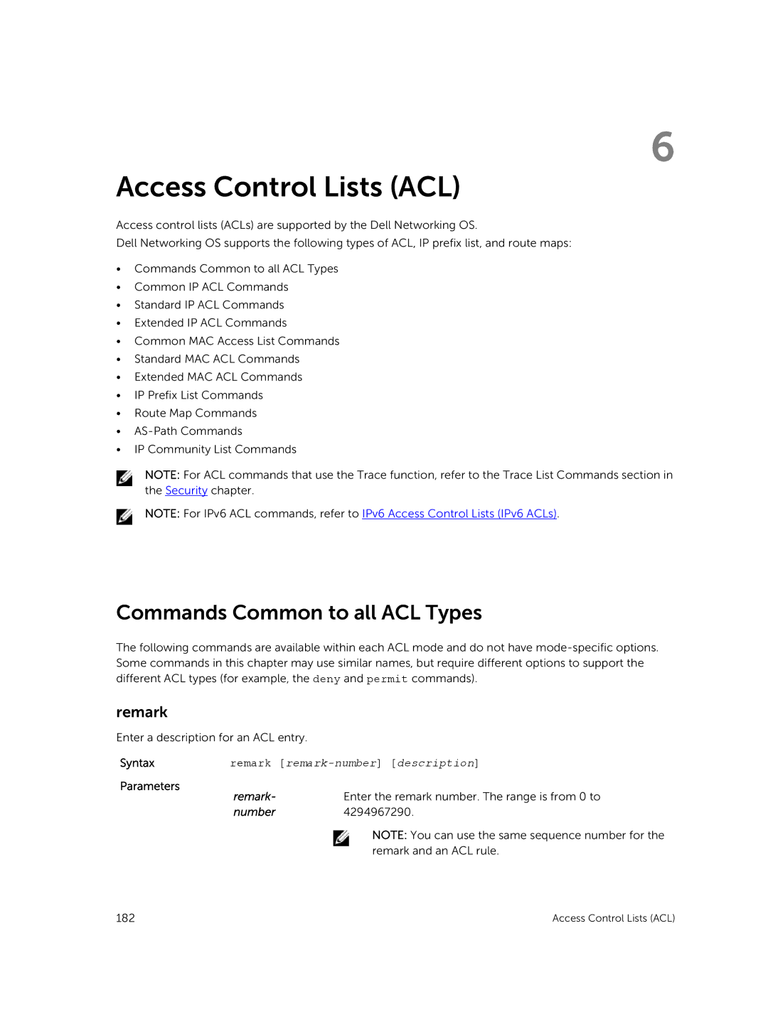 Dell 9.7(0.0) manual Access Control Lists ACL, Commands Common to all ACL Types, Remark 