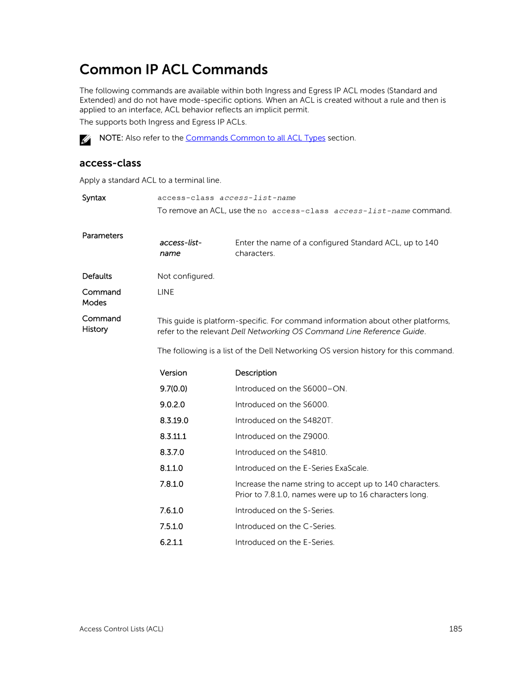 Dell 9.7(0.0) manual Common IP ACL Commands, Access-class, Access-list 