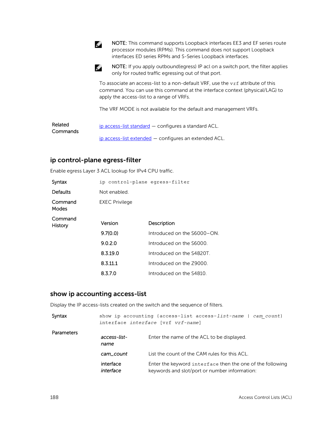 Dell 9.7(0.0) manual Ip control-plane egress-filter, Show ip accounting access-list, Name Camcount 