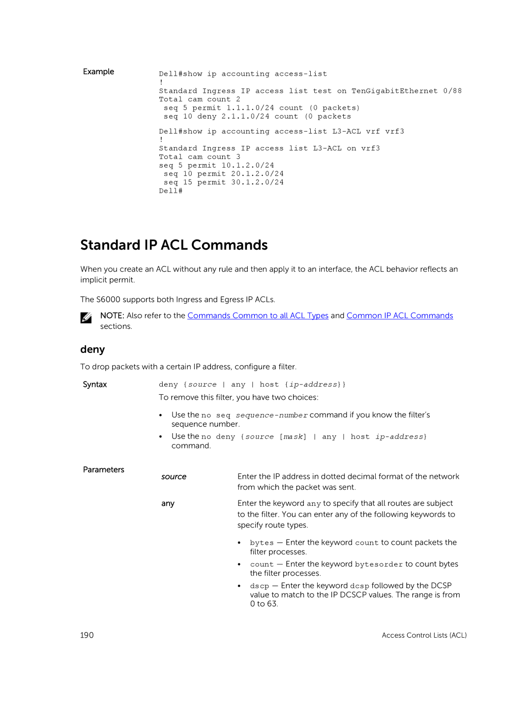 Dell 9.7(0.0) manual Standard IP ACL Commands, Deny, Any 