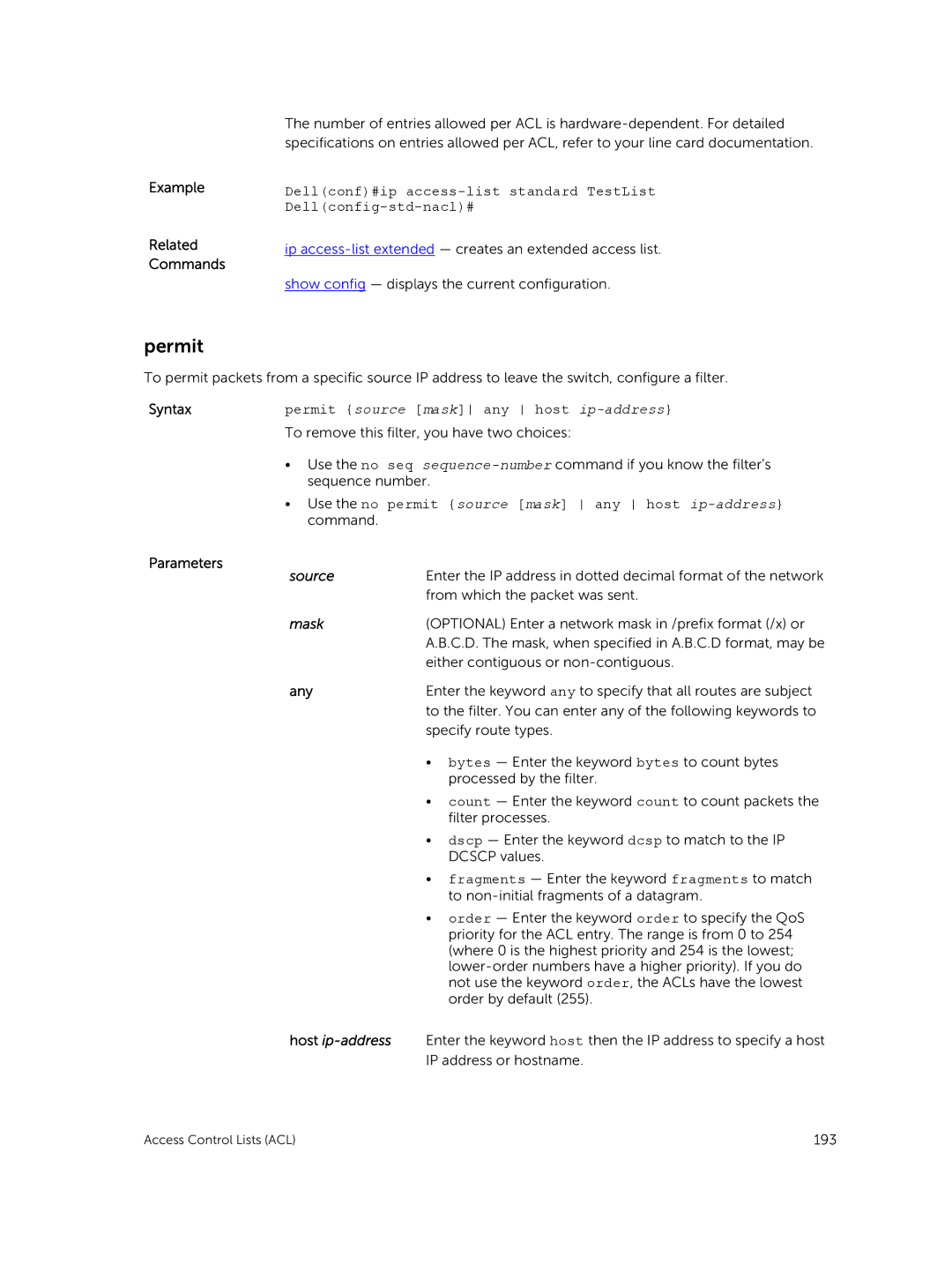 Dell 9.7(0.0) manual Permit, Mask, Host ip-address 