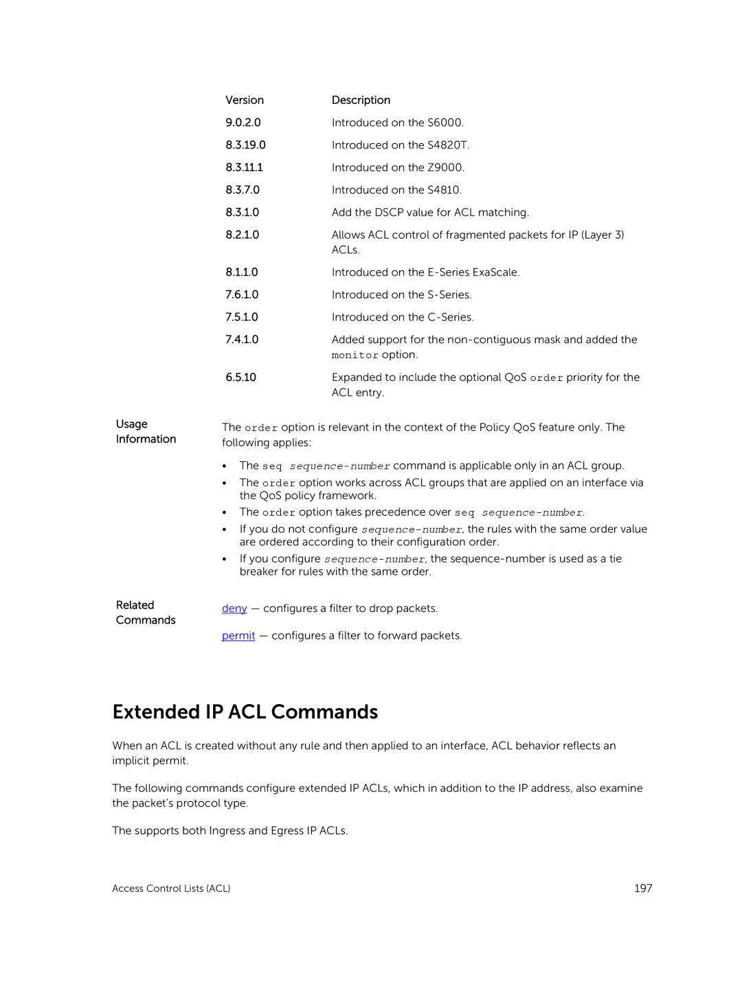 Dell 9.7(0.0) manual Extended IP ACL Commands, Usage Information Related Commands VersionDescription 