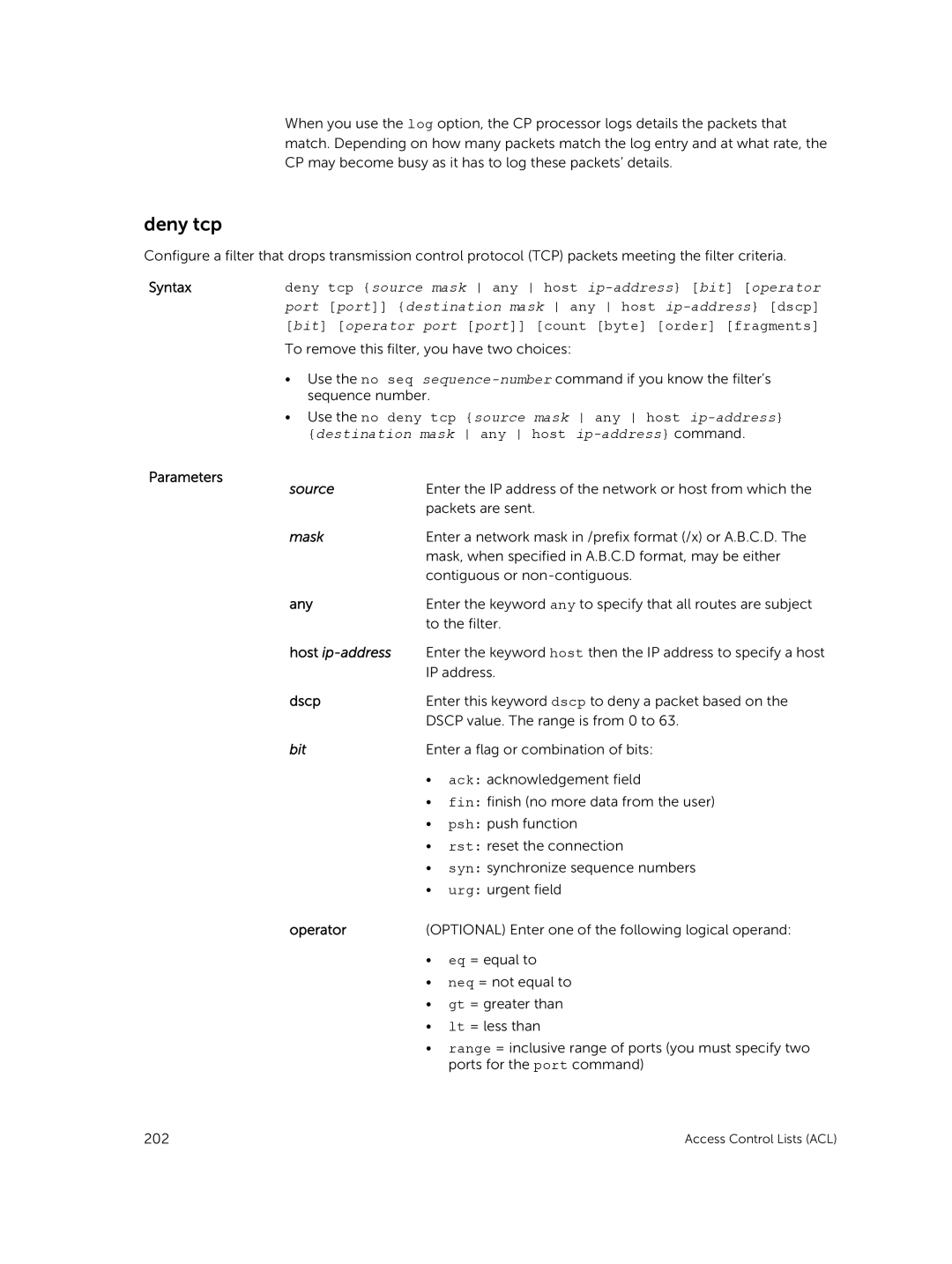 Dell 9.7(0.0) manual Deny tcp, Bit, Operator 