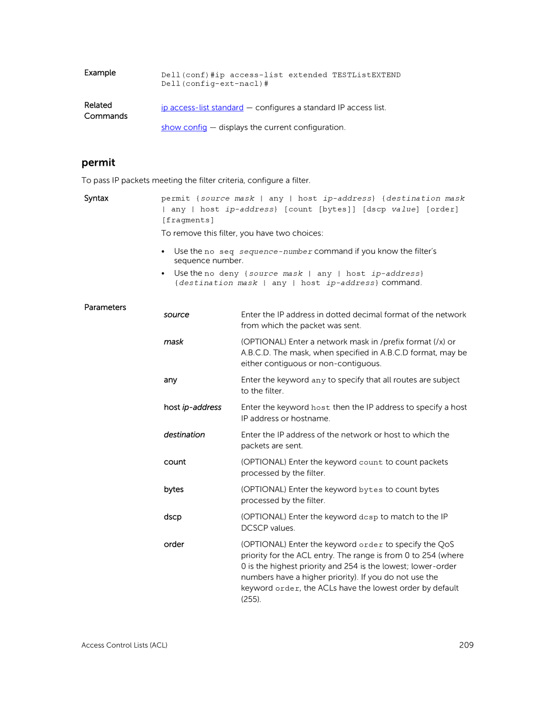 Dell 9.7(0.0) manual Dellconf#ip access-list extended TESTListEXTEND, Dellconfig-ext-nacl# 