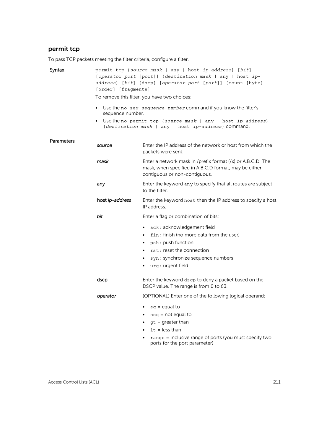 Dell 9.7(0.0) manual Permit tcp, Operator 