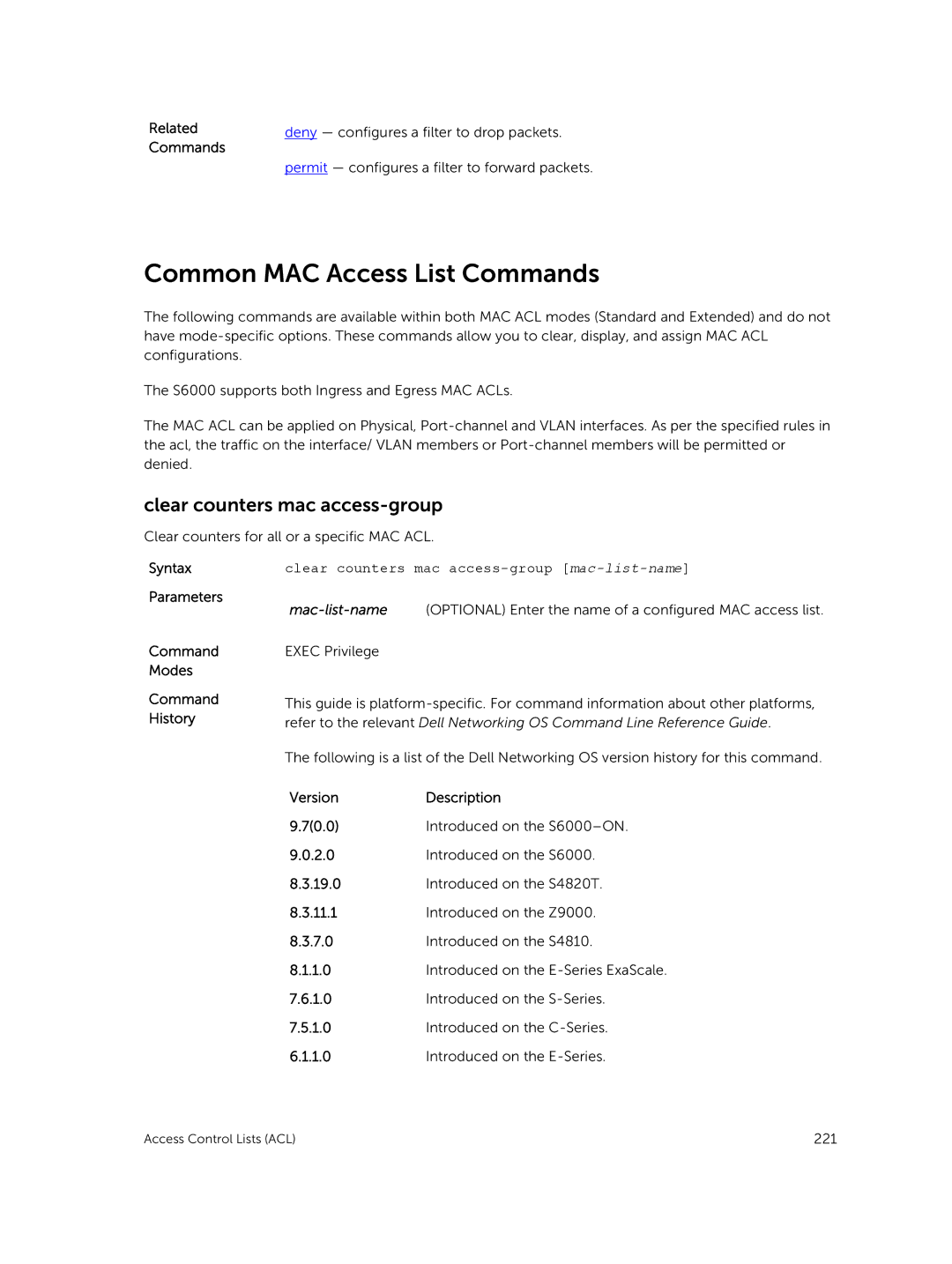 Dell 9.7(0.0) manual Common MAC Access List Commands, Clear counters mac access-group 