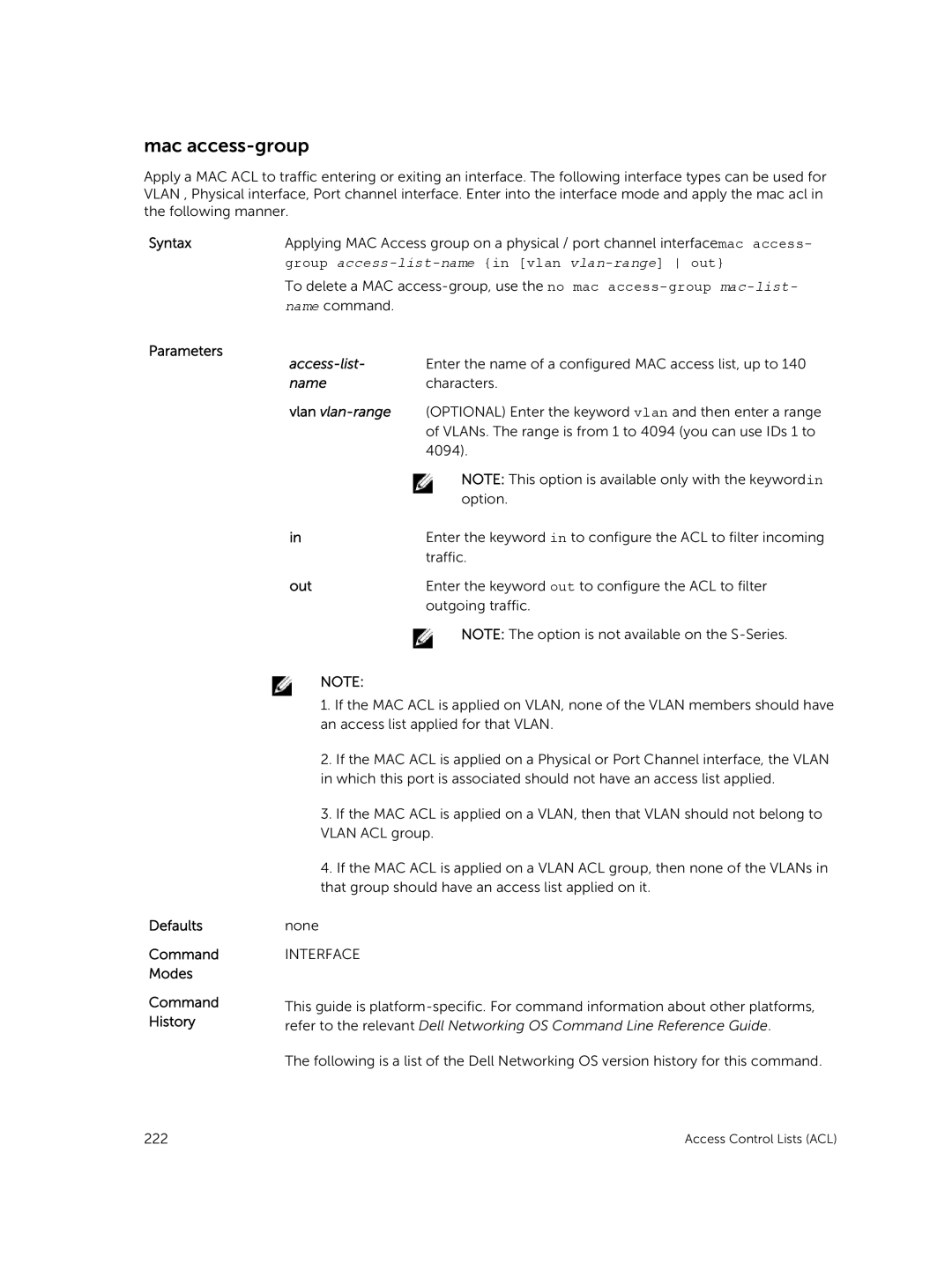 Dell 9.7(0.0) manual Mac access-group, Vlan vlan-range 