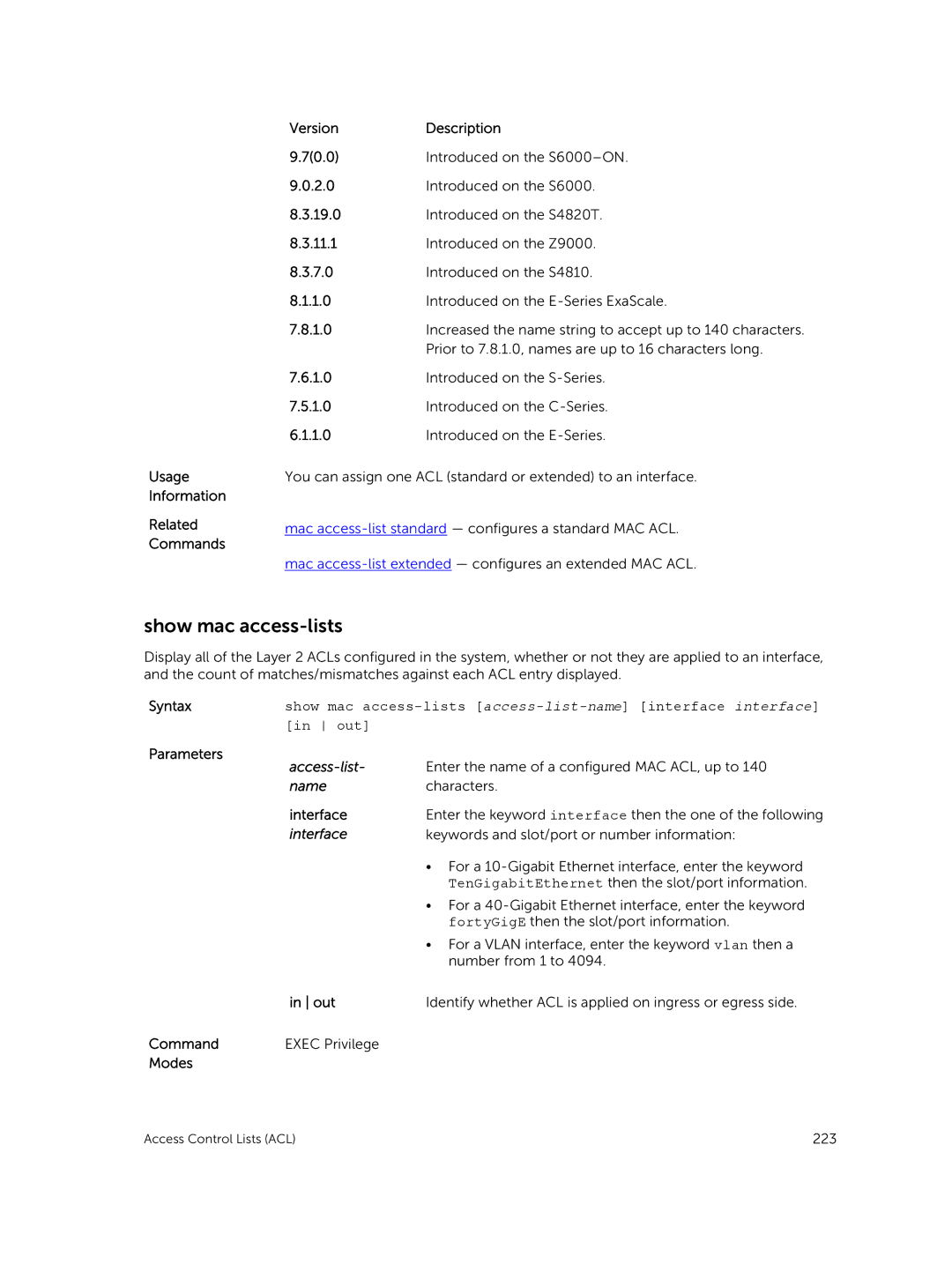 Dell 9.7(0.0) manual Show mac access-lists access-list-name interface interface, Out 