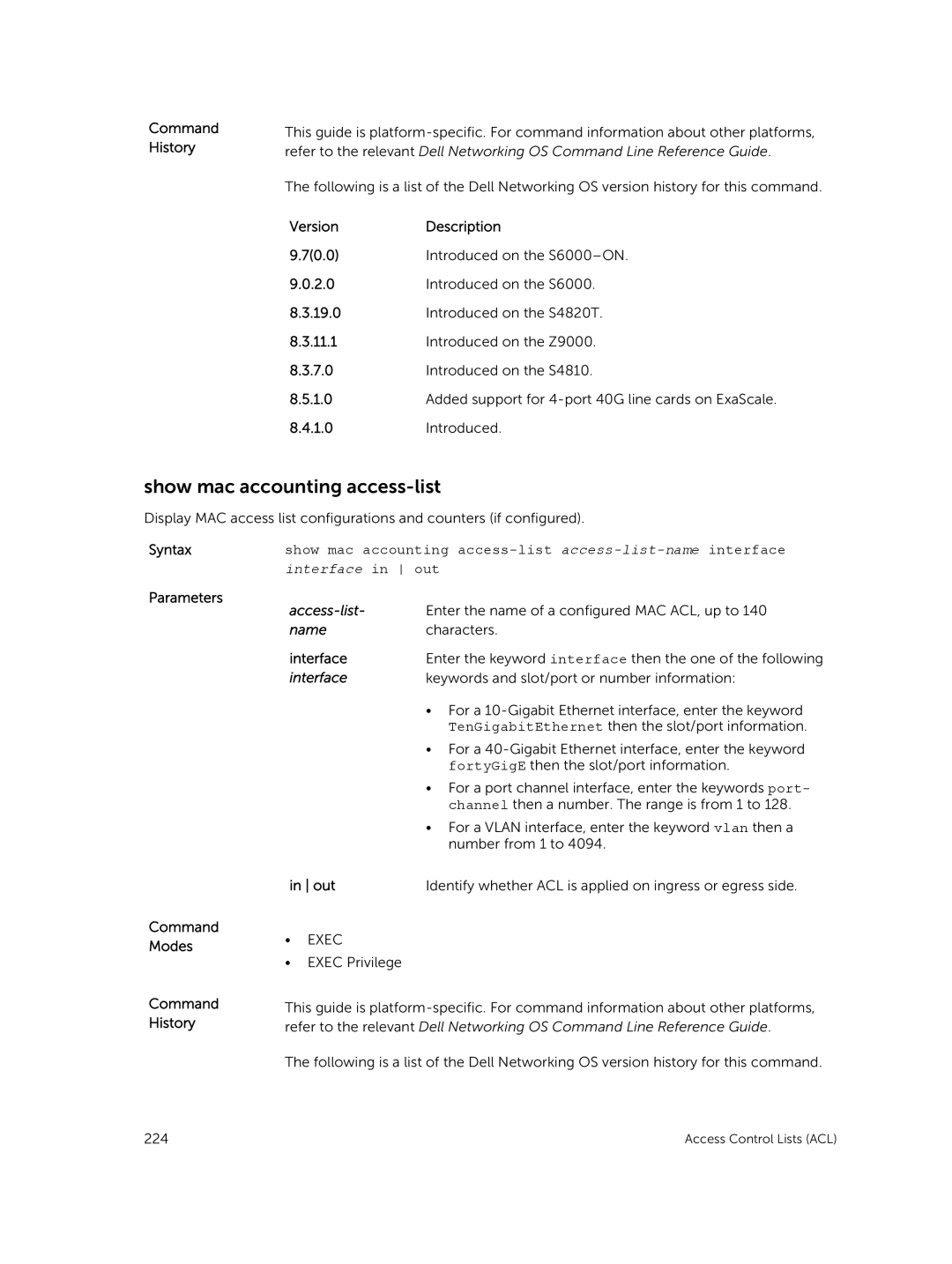 Dell 9.7(0.0) manual Show mac accounting access-list access-list-nameinterface 