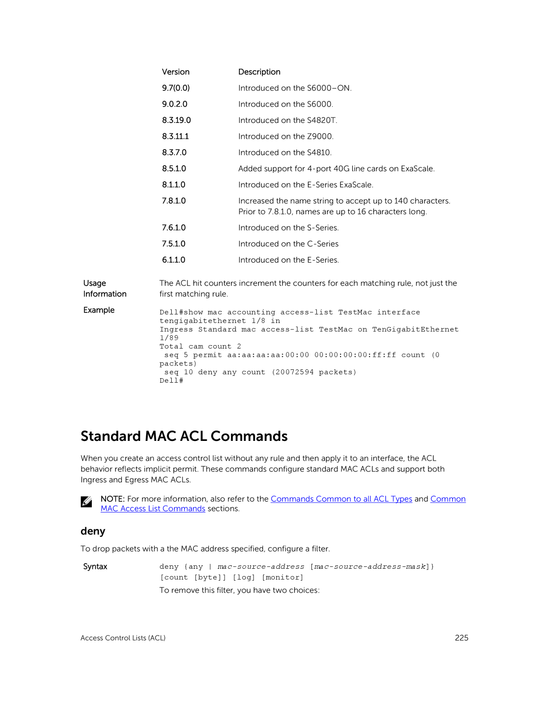 Dell 9.7(0.0) manual Standard MAC ACL Commands, Count byte log monitor 