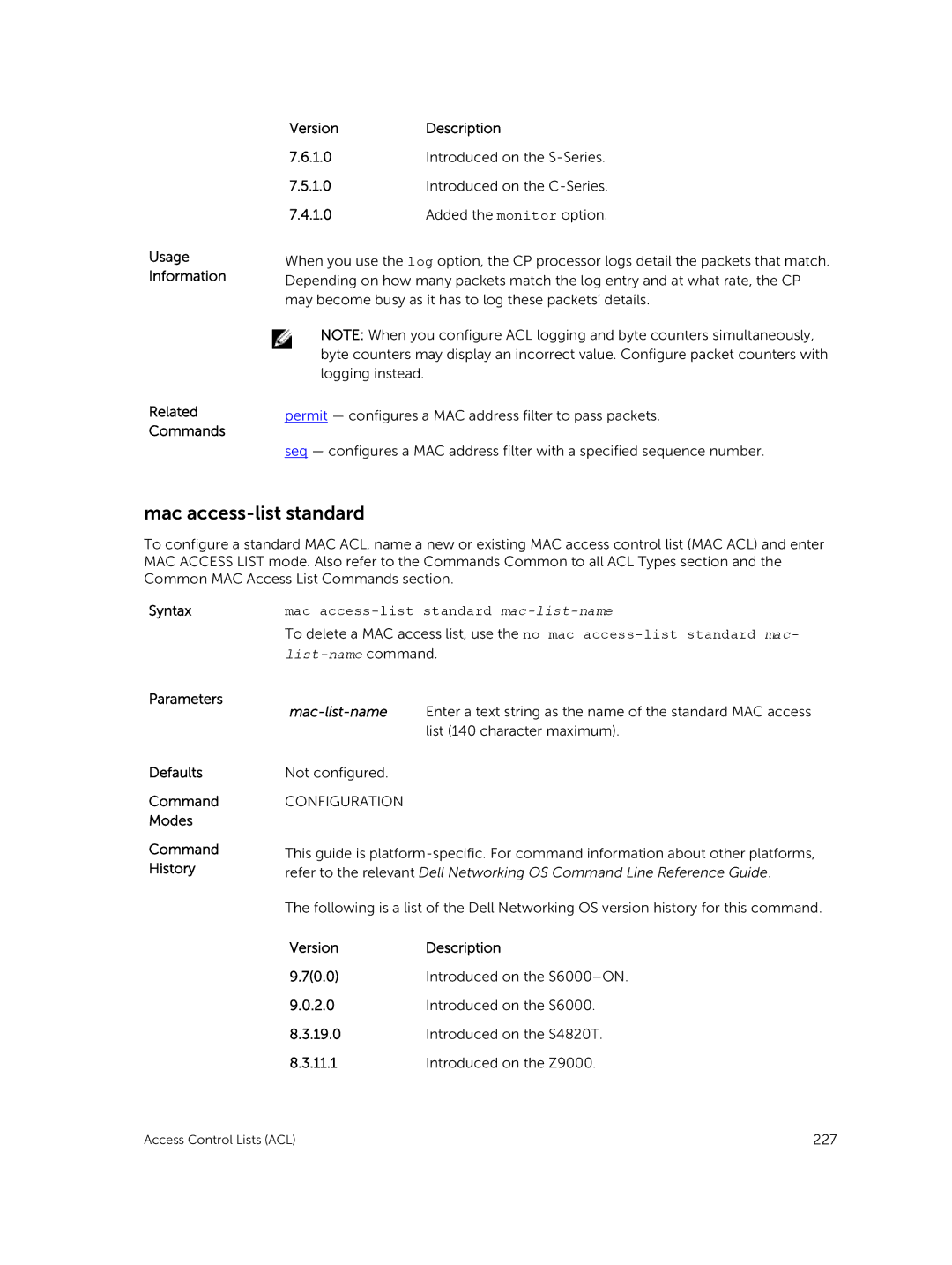 Dell 9.7(0.0) manual Mac access-list standard mac-list-name 